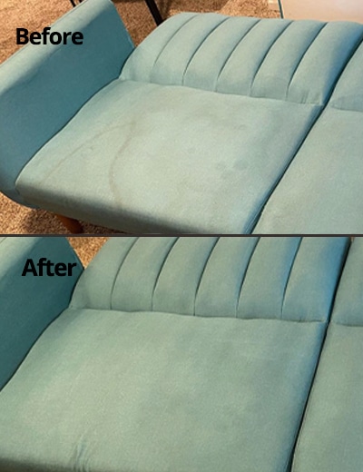 Before and after shot of couch repair