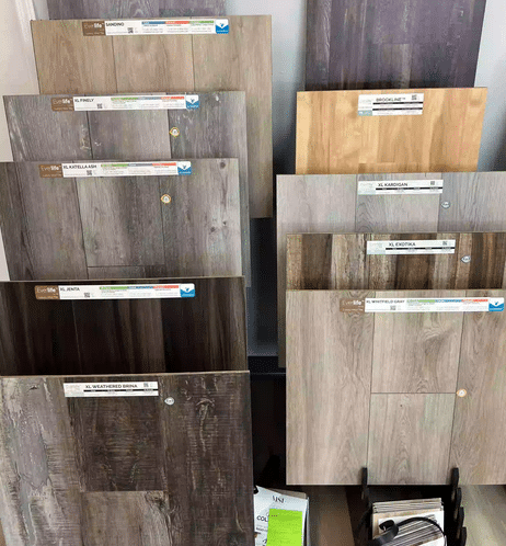 Various colors and designs of laminate flooring.
