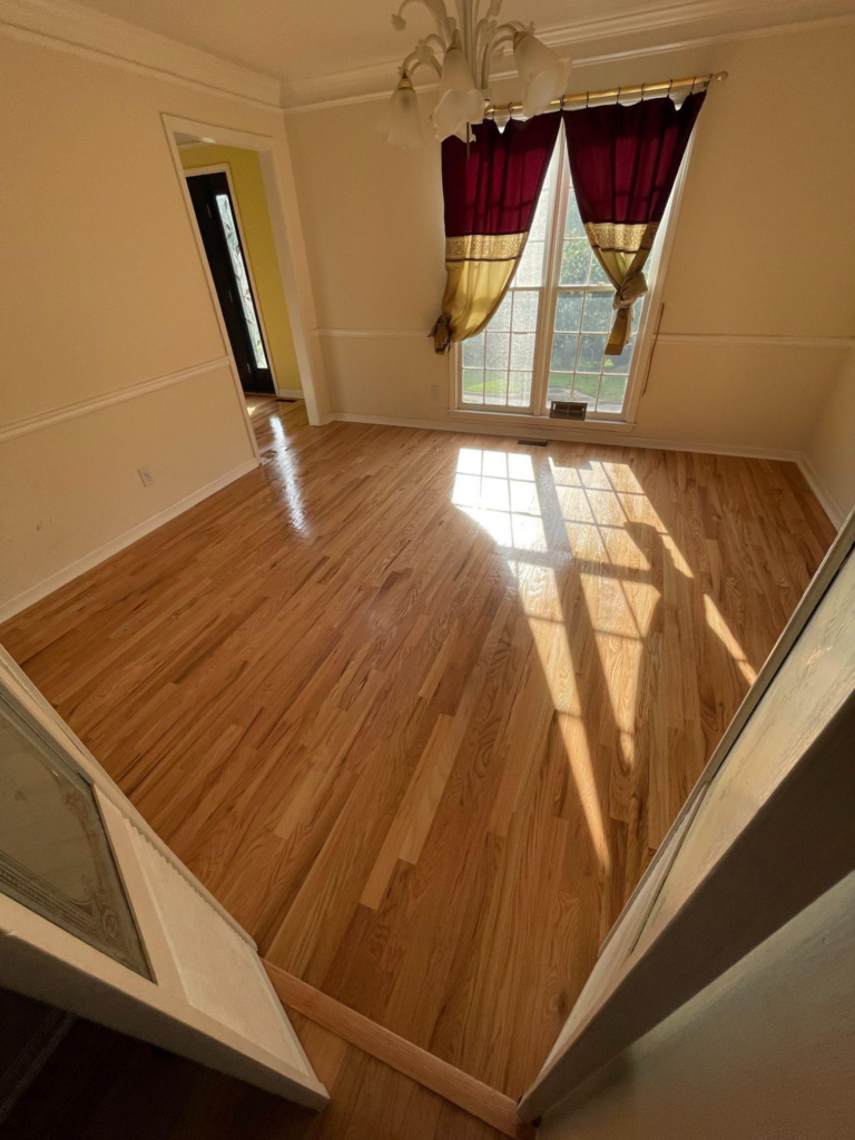 This photo shows sunlight in a room with hardwood flooring