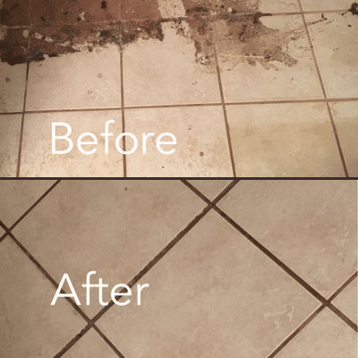 This photo shows the ‘before’ and ‘after’ of a tiled floor
