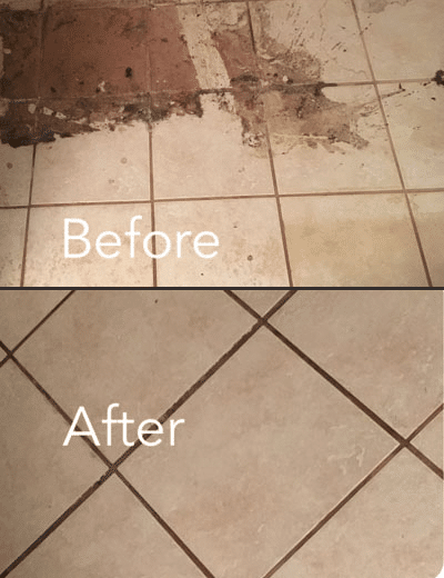 This photo shows the ‘before’ and ‘after’ of a tiled floor