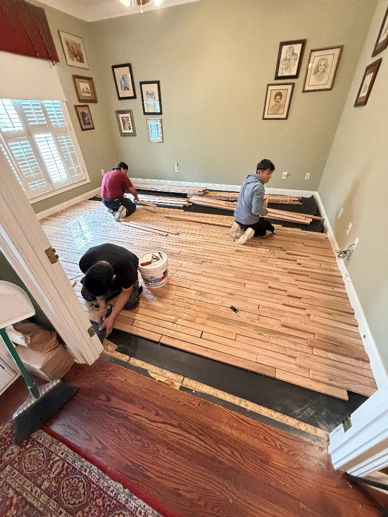 A vinyl plank flooring installation